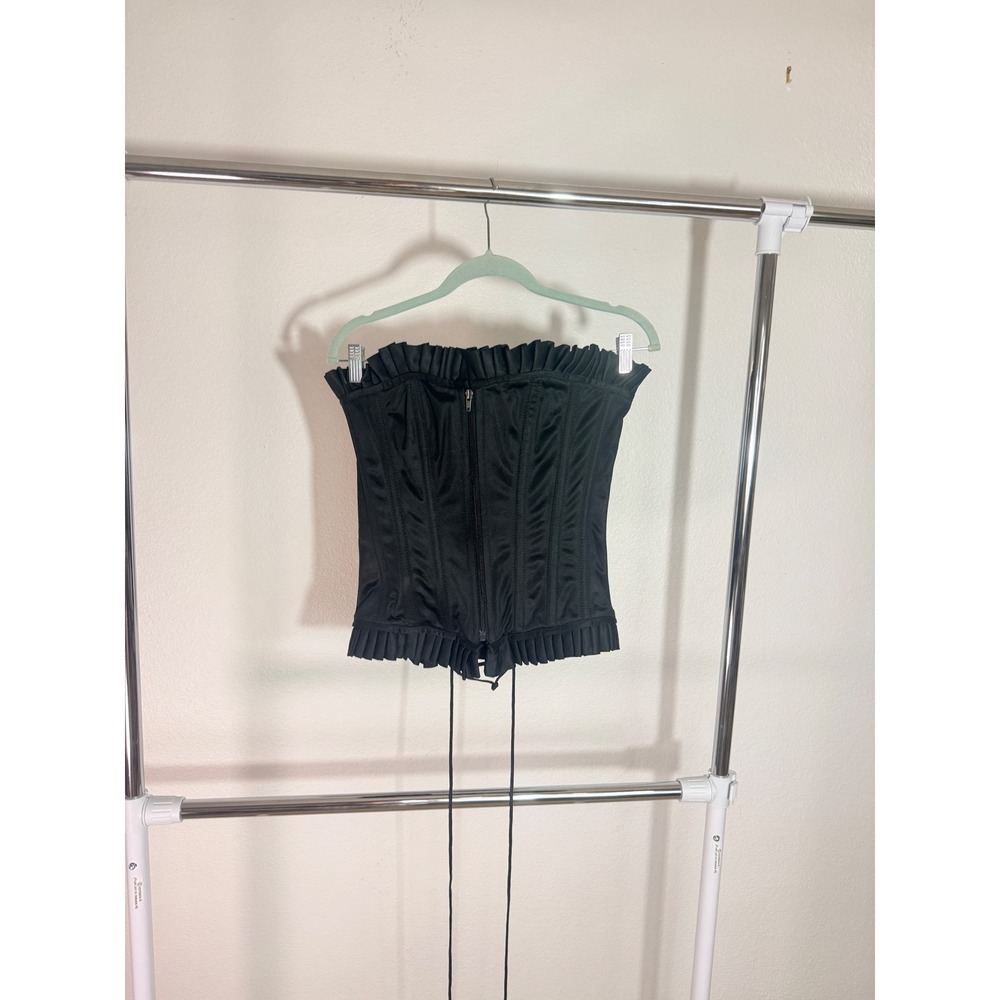 Black Satin Lace Up Back Corset Top with Ruffle Trim and Front Zipper